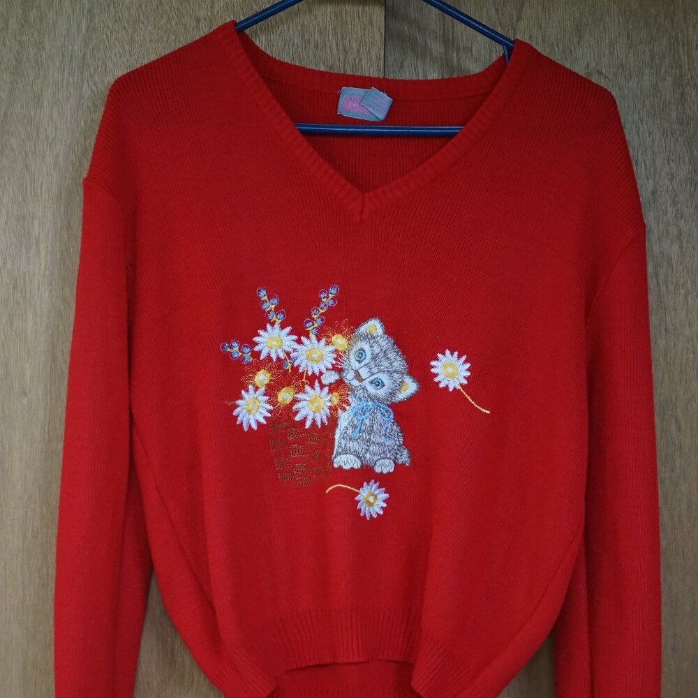 Vintage JCPenney Womens Medium Embroidered Sweater (Kitten, Cat, Flowers)